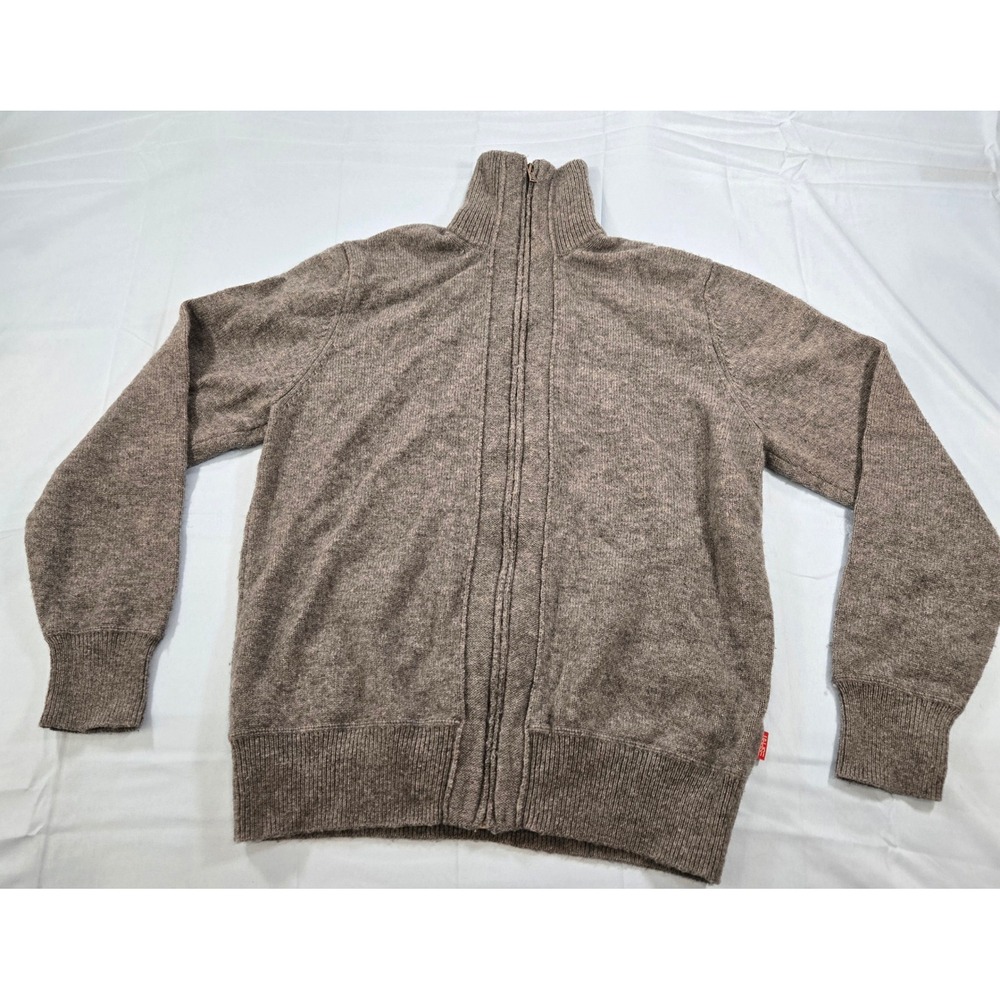 Esprit Mens Full Zip Lambswool Cardigan Sweater Mock Neck Brown Size Small